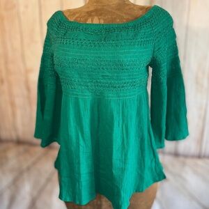 beachlunchlounge Emerald green Crochet trim off shoulder Women's Blouse, m​